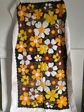 Vintage 70s bath towel, brown orange white yellow Flower Power Camtex